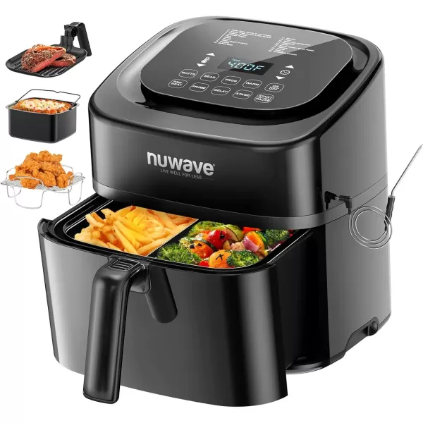 imageNuwave Brio 10in1 Air Fryer 6 QT Airfryer Capacity with Smart Probe Roast Grill Bake for Fast Meals OneTouch Digital Controls Powerful 1800W Fryer 100 Recipes Removable Divider ampamp Grill Pan6QT Brio Air Fryer wProbe