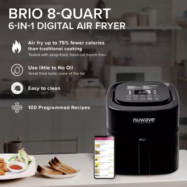 imageNuwave Brio 10in1 Air Fryer 6 QT Airfryer Capacity with Smart Probe Roast Grill Bake for Fast Meals OneTouch Digital Controls Powerful 1800W Fryer 100 Recipes Removable Divider ampamp Grill Pan8QT Brio Air Fryer