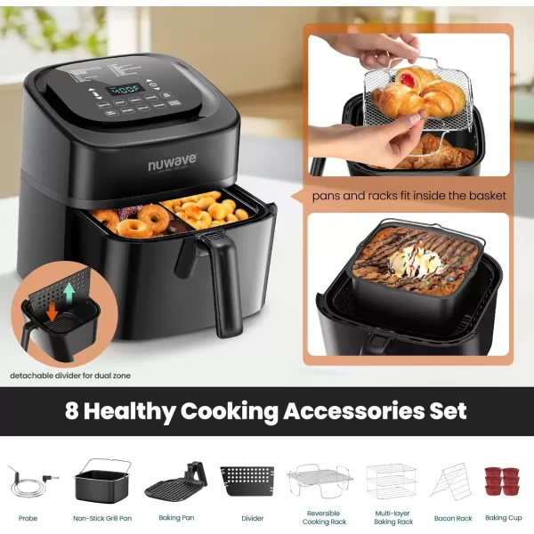 imageNuwave Brio 10in1 Air Fryer 6 QT Airfryer Capacity with Smart Probe Roast Grill Bake for Fast Meals OneTouch Digital Controls Powerful 1800W Fryer 100 Recipes Removable Divider ampamp Grill Pan6QT Brio Air Fryer wProbe