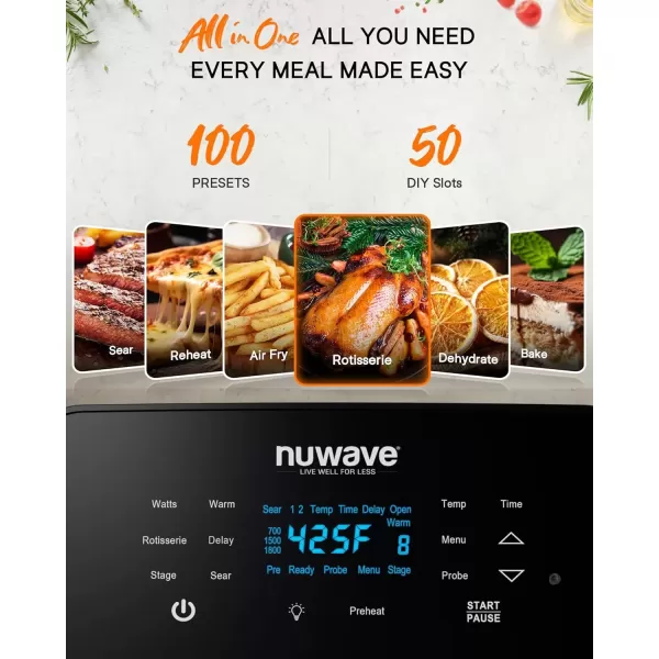 imageNuwave Brio 155Qt Air Fryer Rotisserie Oven XLarge Family Size Powerful 1800W 4 Rack Positions 50425F Temp Controls 100 Presets ampamp 50 Memory Integrated Smart Thermometer Linear T Technology