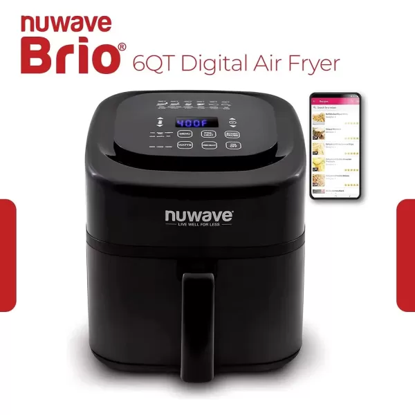 imageNuwave Brio 6Quart Digital Air Fryer Including NonStick Baking Pan and StainlessSteel Cooking Rack 6Quart  Gourmet Kit Black