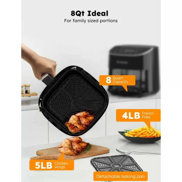 imageNuwave Brio 8Qt Air Fryer Powerful 1800W EasytoRead Cool White Display 50400F Temp Controls 100 PreProgrammed Presets ampamp 50 Memory Slots Integrated Smart Thermometer Linear T TechnologyBlack