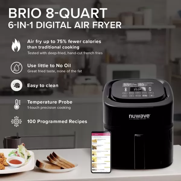 imageNuwave Brio 8Qt Air Fryer Powerful 1800W EasytoRead Cool White Display 50400F Temp Controls 100 PreProgrammed Presets ampamp 50 Memory Slots Integrated Smart Thermometer Linear T TechnologyClassic Black