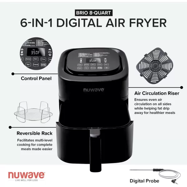 imageNuwave Brio 8Qt Air Fryer Powerful 1800W EasytoRead Cool White Display 50400F Temp Controls 100 PreProgrammed Presets ampamp 50 Memory Slots Integrated Smart Thermometer Linear T TechnologyClassic Black