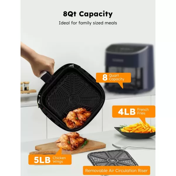 imageNuwave Brio 8Qt Air Fryer Powerful 1800W EasytoRead Cool White Display 50400F Temp Controls 100 PreProgrammed Presets ampamp 50 Memory Slots Integrated Smart Thermometer Linear T TechnologyDeep Blue