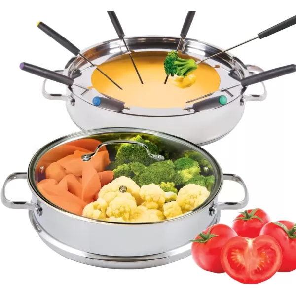 imageNuwave Design188 Stainless Steel CookwareFree of PTFE PFOA PFOSFondue Pot SetWorks On All Cooktops and Induction CookerInclude PotSteamer BasketGlass Lid and 8 Fondue Forks10 Yer Wrranty 35Qt Pot Silver