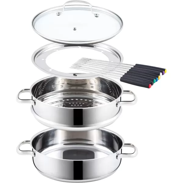 imageNuwave Design188 Stainless Steel CookwareFree of PTFE PFOA PFOSFondue Pot SetWorks On All Cooktops and Induction CookerInclude PotSteamer BasketGlass Lid and 8 Fondue Forks10 Yer Wrranty 35Qt Pot Silver