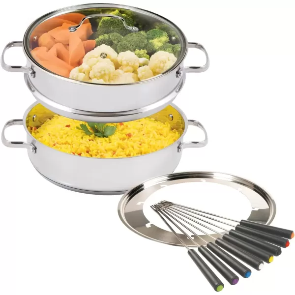imageNuwave Design188 Stainless Steel CookwareFree of PTFE PFOA PFOSFondue Pot SetWorks On All Cooktops and Induction CookerInclude PotSteamer BasketGlass Lid and 8 Fondue Forks10 Yer Wrranty 35Qt Pot Silver