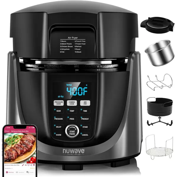 imageNuwave Duet Air Fryer and Electric Pressure Cooker Combo with 2 Switchable Lids 300 FoolProof OneTouch Presets CrispampampTender Tech 6QT Heavyduty Stainless Steel Pot 15 Safety Features