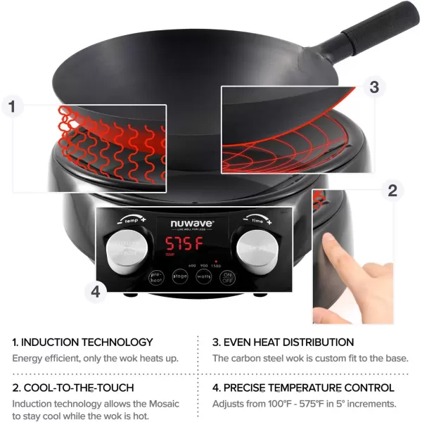 imageNuwave Mosaic Induction Wok Precise Temp Controls 100F575F in 5F Wok Hei Infuse Complex Charred Aroma ampamp Flavor 3 Wattage 600 900 ampamp 1500 Authentic 14inch Carbon Steel Wok ampamp Cookbook Included