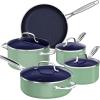 imageNuwave 7pc Cookware Set Healthy Duralon Blue Ceramic Nonstick Coated Diamond Infused ScratchResistant PFAS Free Oven Safe Induction Ready ampamp Evenly Heats Tempered Glass Lids ampamp StayCool HandleRosemary Green