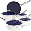 imageNuwave 7pc Cookware Set Healthy Duralon Blue Ceramic Nonstick Coated Diamond Infused ScratchResistant PFAS Free Oven Safe Induction Ready ampamp Evenly Heats Tempered Glass Lids ampamp StayCool HandleVanilla Cream