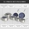 imageNuwave Healthy Duralon Blue Ceramic Nonstick Cookware Set Diamond Infused ScratchResistant PFAS Free Dishwasher ampamp Oven Safe Induction Ready ampamp Evenly Heats Tempered Glass Lids ampamp StayCool HandlesMetallic Tinsel Silver