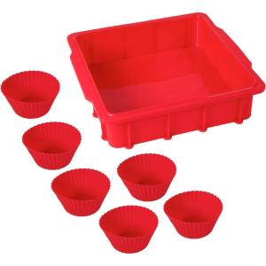 imageNuWave Silicone Baking Kit with 8x8inch Baking Pan ampamp Reusable Cupcake Liners Red 7pc