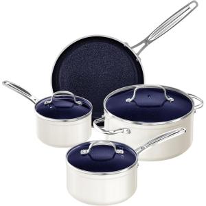 imageNuwave 7pc Cookware Set Healthy Duralon Blue Ceramic Nonstick Coated Diamond Infused ScratchResistant PFAS Free Oven Safe Induction Ready ampamp Evenly Heats Tempered Glass Lids ampamp StayCool HandleVanilla Cream