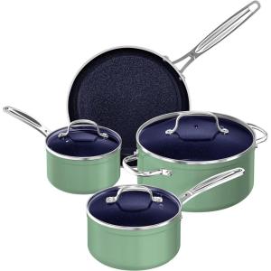 imageNuwave 7pc Cookware Set Healthy Duralon Blue Ceramic Nonstick Coated Diamond Infused ScratchResistant PFAS Free Oven Safe Induction Ready ampamp Evenly Heats Tempered Glass Lids ampamp StayCool HandleRosemary Green