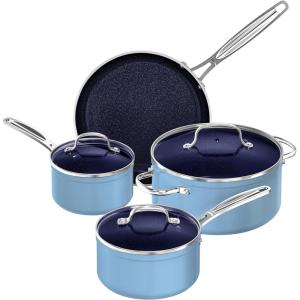 imageNuwave 7pc Cookware Set Healthy Duralon Blue Ceramic Nonstick Coated Diamond Infused ScratchResistant PFAS Free Oven Safe Induction Ready ampamp Evenly Heats Tempered Glass Lids ampamp StayCool HandleCozy Blue