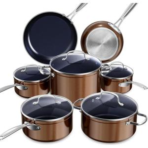 imageNuwave Healthy Duralon Blue Ceramic Nonstick Cookware Set Diamond Infused ScratchResistant PFAS Free Dishwasher ampamp Oven Safe Induction Ready ampamp Evenly Heats Tempered Glass Lids ampamp StayCool HandlesMetallic Mocha Brown