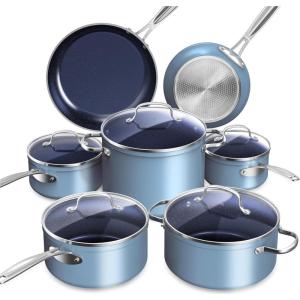 imageNuwave Healthy Duralon Blue Ceramic Nonstick Cookware Set Diamond Infused ScratchResistant PFAS Free Dishwasher ampamp Oven Safe Induction Ready ampamp Evenly Heats Tempered Glass Lids ampamp StayCool HandlesCozy Blue