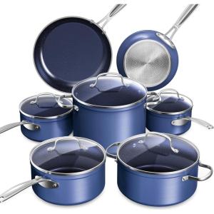 imageNuwave Healthy Duralon Blue Ceramic Nonstick Cookware Set Diamond Infused ScratchResistant PFAS Free Dishwasher ampamp Oven Safe Induction Ready ampamp Evenly Heats Tempered Glass Lids ampamp StayCool HandlesDeep Blue