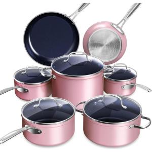 imageNuwave Healthy Duralon Blue Ceramic Nonstick Cookware Set Diamond Infused ScratchResistant PFAS Free Dishwasher ampamp Oven Safe Induction Ready ampamp Evenly Heats Tempered Glass Lids ampamp StayCool HandlesDusty Pink