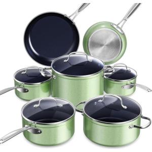 imageNuwave Healthy Duralon Blue Ceramic Nonstick Cookware Set Diamond Infused ScratchResistant PFAS Free Dishwasher ampamp Oven Safe Induction Ready ampamp Evenly Heats Tempered Glass Lids ampamp StayCool HandlesMetallic Pistachio Green