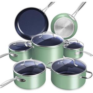 imageNuwave Healthy Duralon Blue Ceramic Nonstick Cookware Set Diamond Infused ScratchResistant PFAS Free Dishwasher ampamp Oven Safe Induction Ready ampamp Evenly Heats Tempered Glass Lids ampamp StayCool HandlesRosemary Green