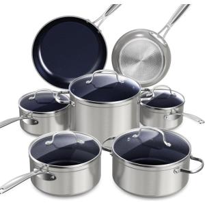 imageNuwave Healthy Duralon Blue Ceramic Nonstick Cookware Set Diamond Infused ScratchResistant PFAS Free Dishwasher ampamp Oven Safe Induction Ready ampamp Evenly Heats Tempered Glass Lids ampamp StayCool HandlesMetallic Tinsel Silver