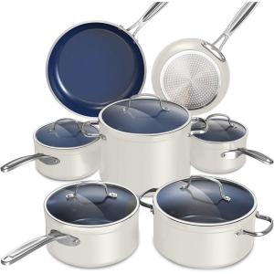 imageNuwave Healthy Duralon Blue Ceramic Nonstick Cookware Set Diamond Infused ScratchResistant PFAS Free Dishwasher ampamp Oven Safe Induction Ready ampamp Evenly Heats Tempered Glass Lids ampamp StayCool HandlesVanilla Cream