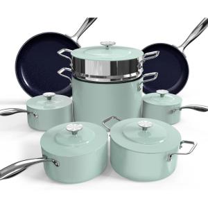 imageNuwave Lux 13pc Forged Lightweight Cookware Set PFAS Free Healthy G10 Duralon Ceramic Coating Ultra NonStick StayCool Handles Works on All Cooktops ampamp Induction ReadyMint Green