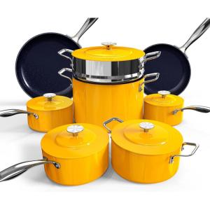 imageNuwave Lux 13pc Forged Lightweight Cookware Set PFAS Free Healthy G10 Duralon Ceramic Coating Ultra NonStick StayCool Handles Works on All Cooktops ampamp Induction ReadyGoldenrod