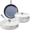 imageNuwave Essential Series 5PC Ceramic Cookware Set PFASFree G11 Duralon Blue Coating Pots and Pans Set Non Stick Diamond ScratchResistantStayCool Handle Metal LidInduction ReadyDishwasher SafeOyster