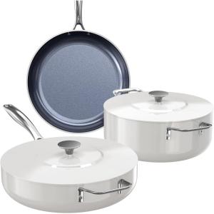 imageNuwave Essential Series 5PC Ceramic Cookware Set PFASFree G11 Duralon Blue Coating Pots and Pans Set Non Stick Diamond ScratchResistantStayCool Handle Metal LidInduction ReadyDishwasher SafeOyster