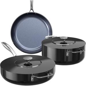 imageNuwave Essential Series 5PC Ceramic Cookware Set PFASFree G11 Duralon Blue Coating Pots and Pans Set Non Stick Diamond ScratchResistantStayCool Handle Metal LidInduction ReadyDishwasher SafeBlack Coffee
