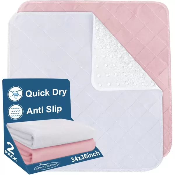 imageBed Pads Washable Waterproof2 Pack 34 x 36 Washable and Reusable Anti Slip Chuck Pads Incontinence Underpad Sheets Protector Pee Pads for Elderly Kids Toddler and Pets White and PinkWhitepink
