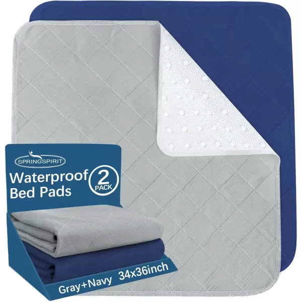 imageBed Pads Washable Waterproof2 Pack 34 x 36 Washable and Reusable Anti Slip Chuck Pads Incontinence Underpad Sheets Protector Pee Pads for Elderly Kids Toddler and Pets White and PinkGraynavy