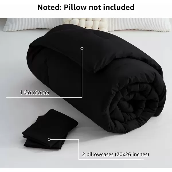 imageCozyLux Black Comforter Set Queen Size 3 Pieces Solid Breathable Quilted Style Bedding Sets Luxury Fluffy Soft Microfiber Comforter for All Season1 Comforter ampamp 2 PillowcasesBlack