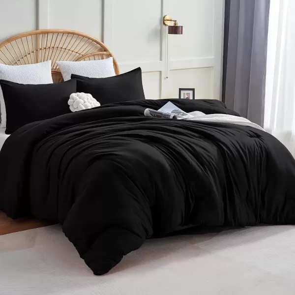 imageCozyLux Black Comforter Set Queen Size 3 Pieces Solid Breathable Quilted Style Bedding Sets Luxury Fluffy Soft Microfiber Comforter for All Season1 Comforter ampamp 2 PillowcasesBlack