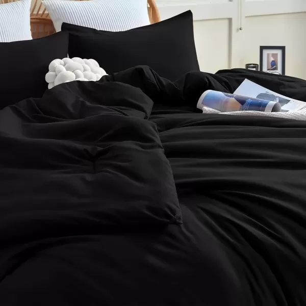 imageCozyLux Black Comforter Set Queen Size 3 Pieces Solid Breathable Quilted Style Bedding Sets Luxury Fluffy Soft Microfiber Comforter for All Season1 Comforter ampamp 2 PillowcasesBlack