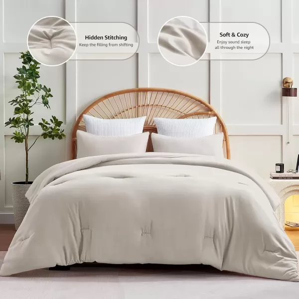 imageCozyLux Black Comforter Set Queen Size 3 Pieces Solid Breathable Quilted Style Bedding Sets Luxury Fluffy Soft Microfiber Comforter for All Season1 Comforter ampamp 2 PillowcasesBeige
