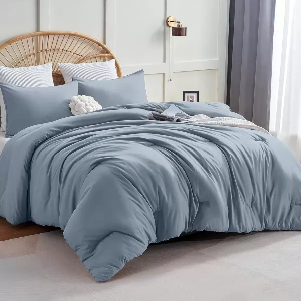 imageCozyLux Black Comforter Set Queen Size 3 Pieces Solid Breathable Quilted Style Bedding Sets Luxury Fluffy Soft Microfiber Comforter for All Season1 Comforter ampamp 2 PillowcasesGrayish Blue