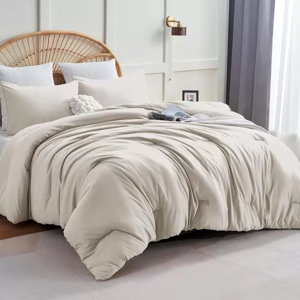 imageCozyLux Black Comforter Set Queen Size 3 Pieces Solid Breathable Quilted Style Bedding Sets Luxury Fluffy Soft Microfiber Comforter for All Season1 Comforter ampamp 2 PillowcasesBeige