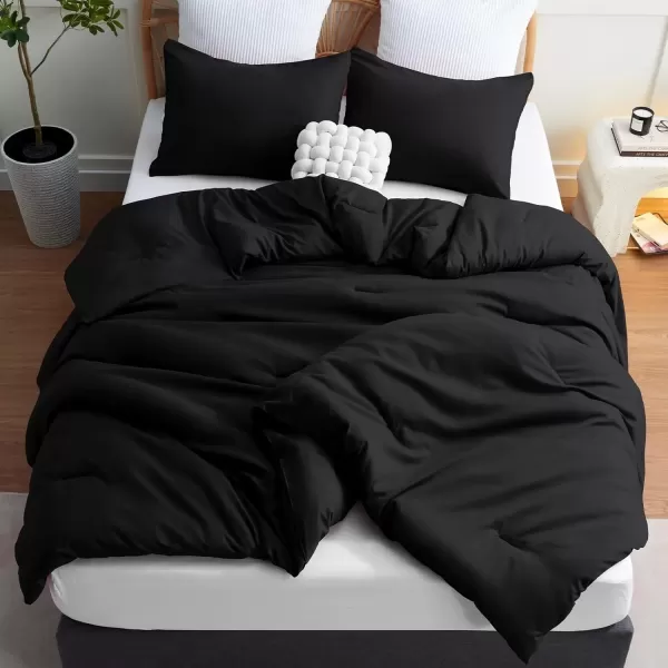 imageCozyLux Black Comforter Set Queen Size 3 Pieces Solid Breathable Quilted Style Bedding Sets Luxury Fluffy Soft Microfiber Comforter for All Season1 Comforter ampamp 2 PillowcasesBlack