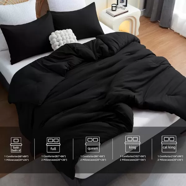 imageCozyLux Black Comforter Set Queen Size 3 Pieces Solid Breathable Quilted Style Bedding Sets Luxury Fluffy Soft Microfiber Comforter for All Season1 Comforter ampamp 2 PillowcasesBlack