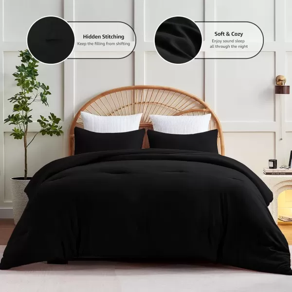 imageCozyLux Black Comforter Set Queen Size 3 Pieces Solid Breathable Quilted Style Bedding Sets Luxury Fluffy Soft Microfiber Comforter for All Season1 Comforter ampamp 2 PillowcasesBlack