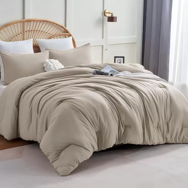 imageCozyLux Black Comforter Set Queen Size 3 Pieces Solid Breathable Quilted Style Bedding Sets Luxury Fluffy Soft Microfiber Comforter for All Season1 Comforter ampamp 2 PillowcasesOatmeal