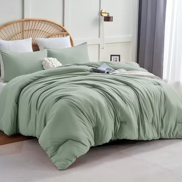 imageCozyLux Black Comforter Set Queen Size 3 Pieces Solid Breathable Quilted Style Bedding Sets Luxury Fluffy Soft Microfiber Comforter for All Season1 Comforter ampamp 2 PillowcasesSage Green