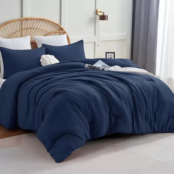 imageCozyLux Black Comforter Set Queen Size 3 Pieces Solid Breathable Quilted Style Bedding Sets Luxury Fluffy Soft Microfiber Comforter for All Season1 Comforter ampamp 2 PillowcasesNavy
