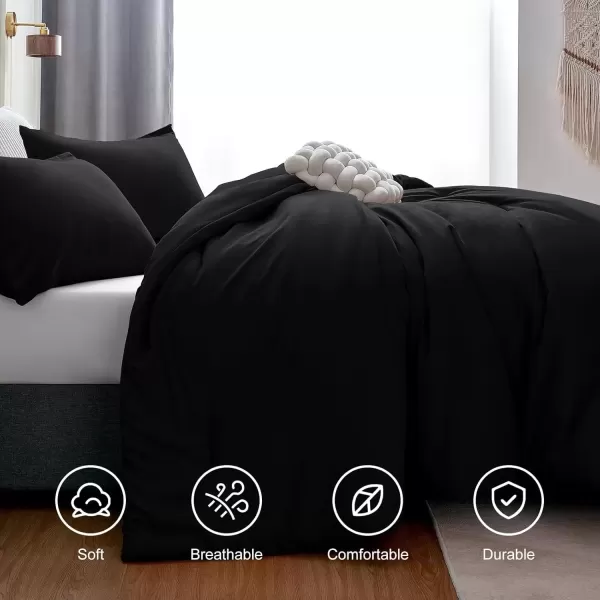 imageCozyLux Black Comforter Set Queen Size 3 Pieces Solid Breathable Quilted Style Bedding Sets Luxury Fluffy Soft Microfiber Comforter for All Season1 Comforter ampamp 2 PillowcasesBlack