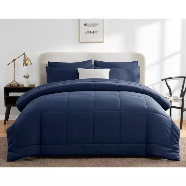 imageCozyLux Full Size Comforter Sets  7 Pieces Bed in a Bag Set Black Comforter Full Size Bedding Sets with All Season Quilted Comforter Flat Sheet Fitted Sheet Pillowcases Black FullNavy